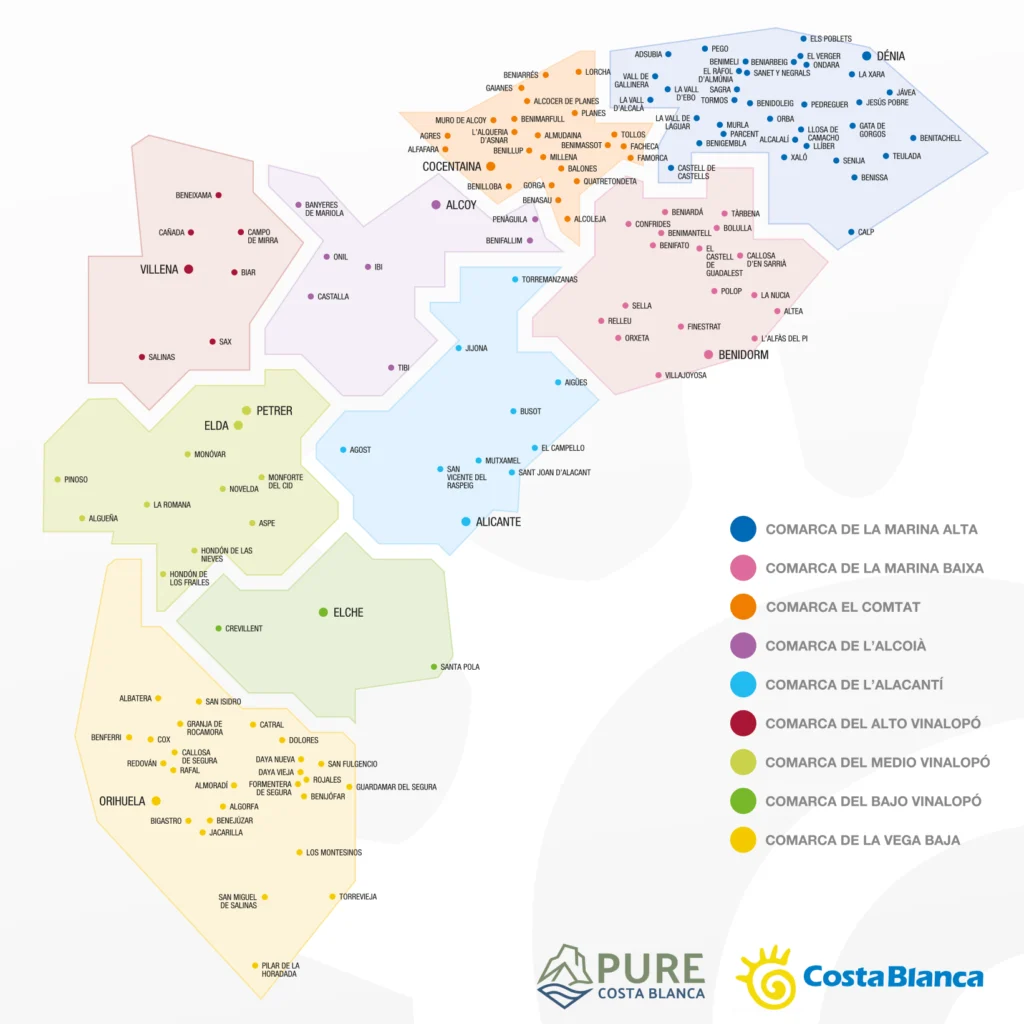 De kaart van de Costa Blanca met alle 9 regio's.